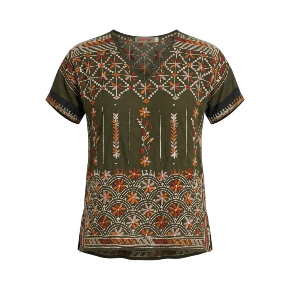 Johnny Was Olive Embroidered Short Sleeve Top - Small